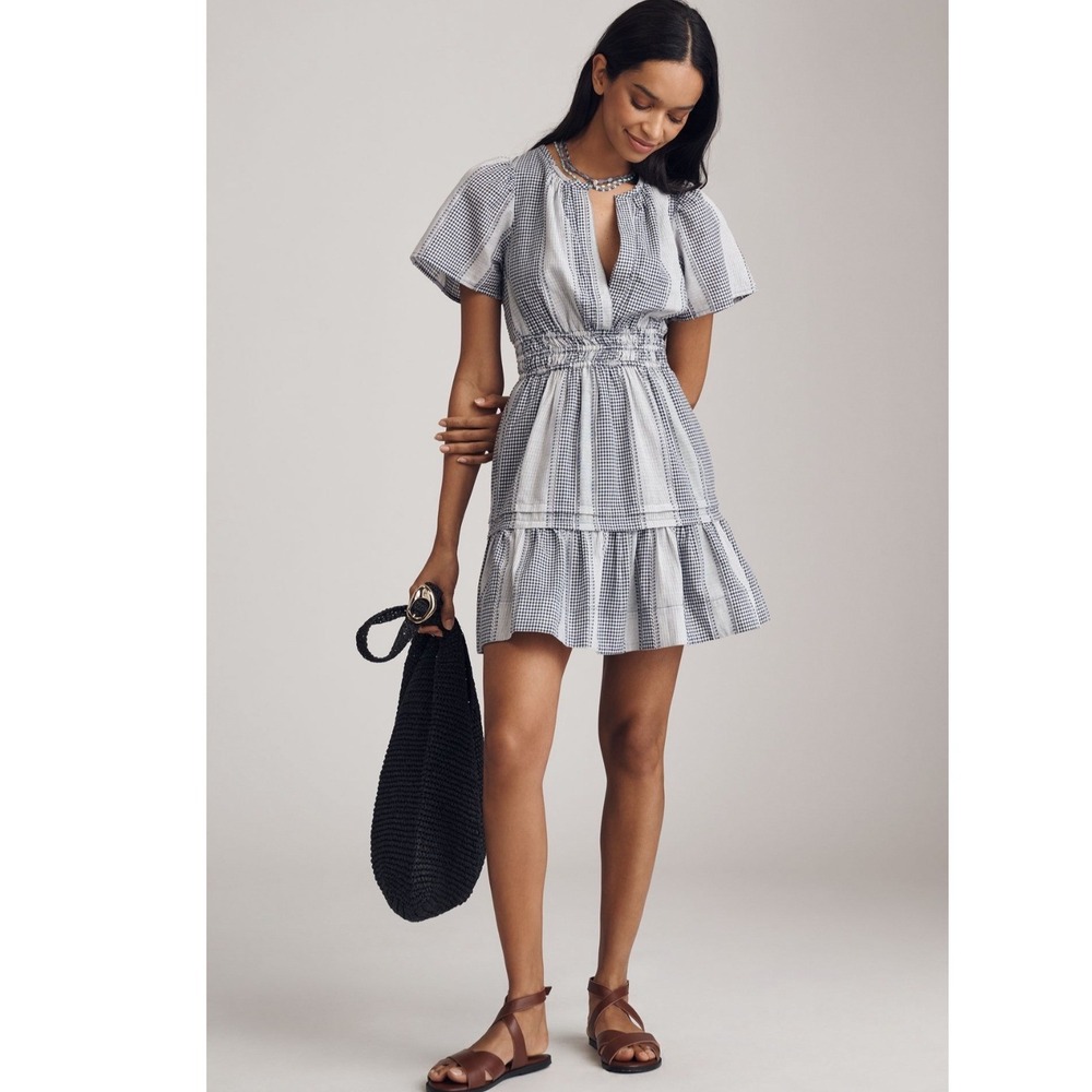 Anthropologie Somerset Gingham Mini Dress Blue White Picnic Patchwork Tiered  L